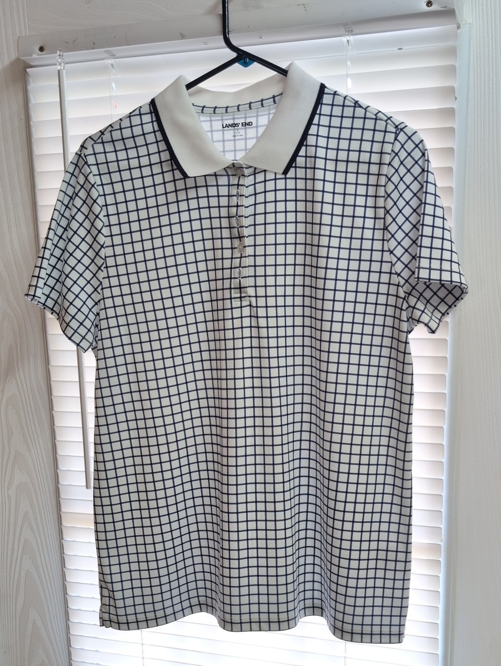 Lands' End White Polo with Navy Windowpane Grid